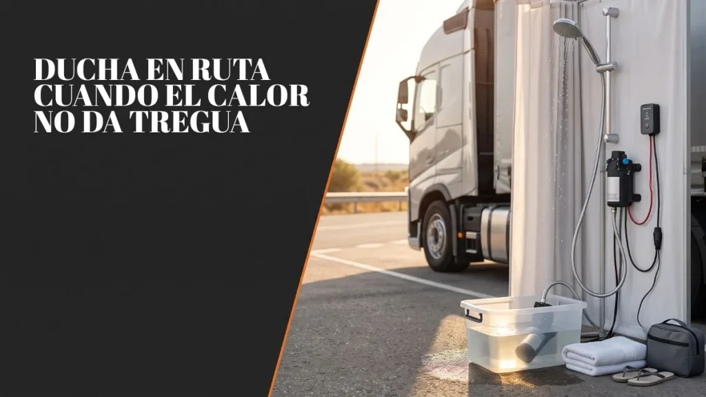 Ducha portátil para camión utilizada durante una parada segura en una ruta de verano