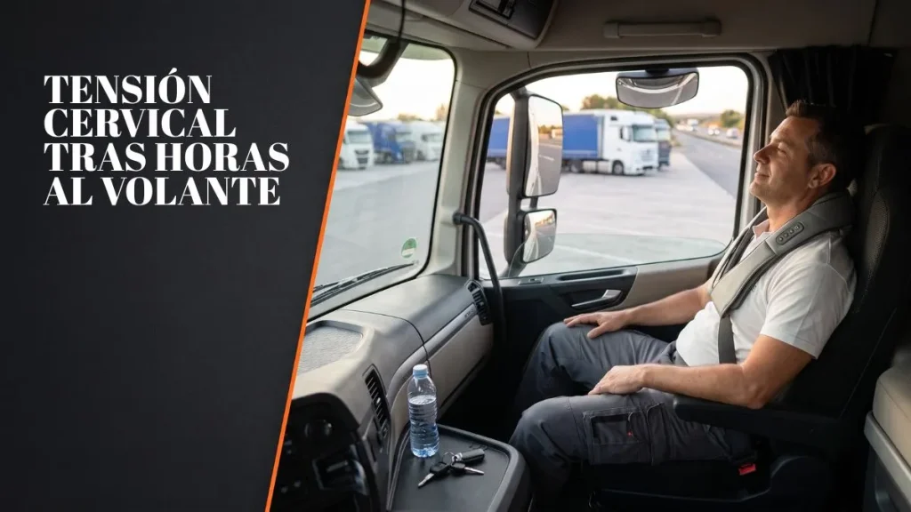 Camionero utilizando un masajeador de cuello CerviPRO 2000 después de estacionar